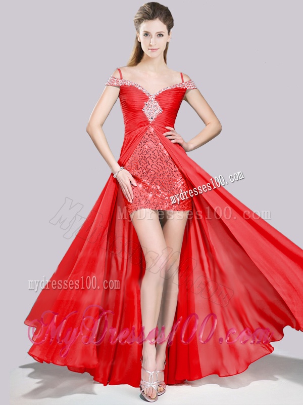Short Inside Long Outside Red Evening Dress with Beading and Sequins
