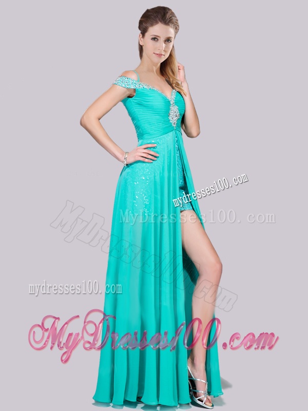 Short Inside Long Outside Red Evening Dress with Beading and Sequins