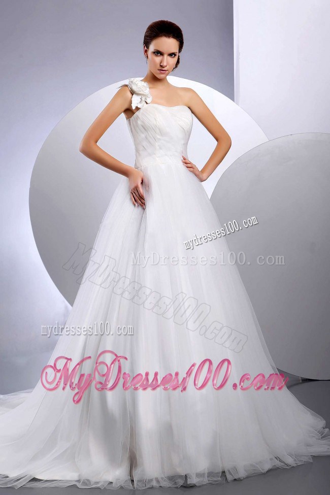Flowery One Shoulder Court Train Taffeta and Tulle Wedding Dresses