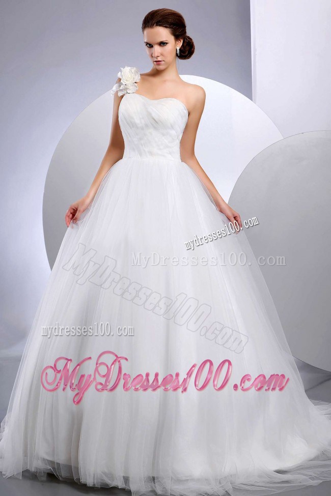 Flowery One Shoulder Court Train Taffeta and Tulle Wedding Dresses