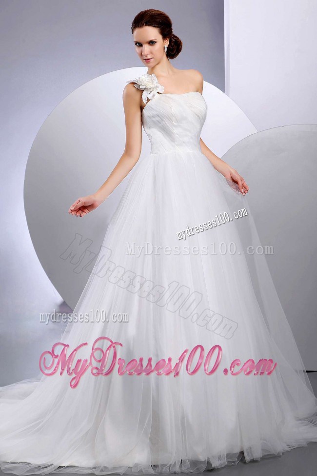 Flowery One Shoulder Court Train Taffeta and Tulle Wedding Dresses