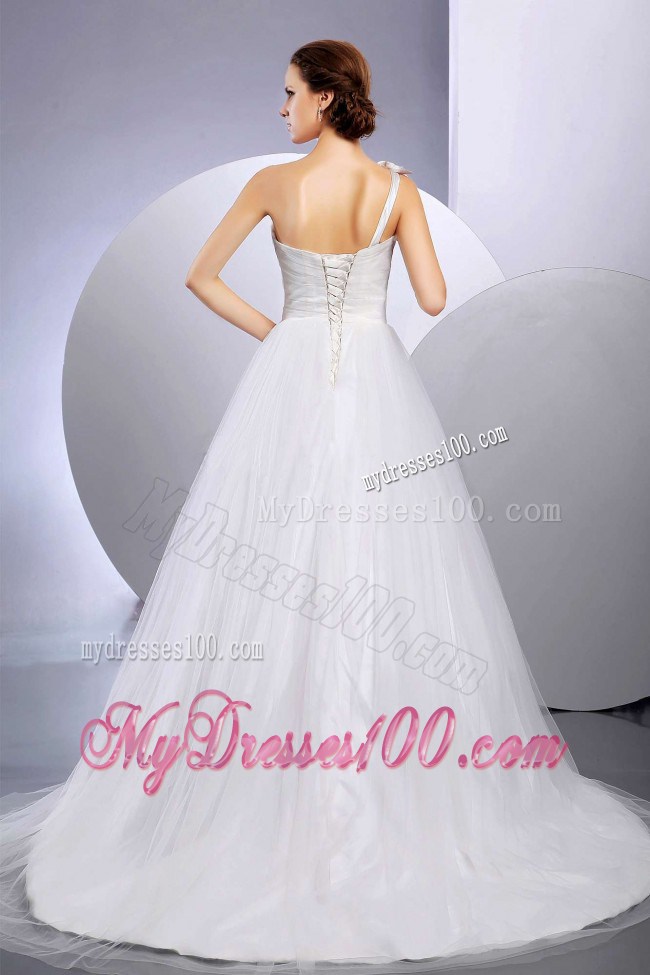 Flowery One Shoulder Court Train Taffeta and Tulle Wedding Dresses