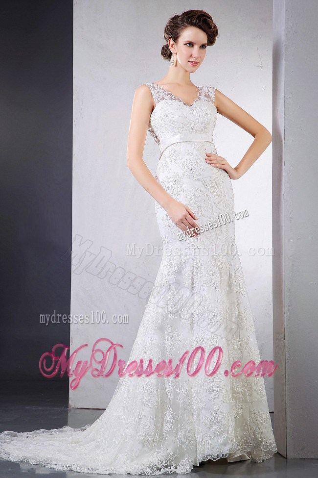 V-neck Column Lace Court Train Wedding Dress with Clasp Handle