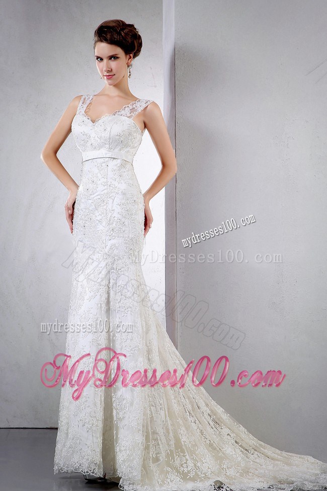 V-neck Column Lace Court Train Wedding Dress with Clasp Handle