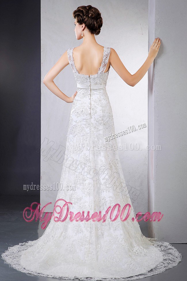 V-neck Column Lace Court Train Wedding Dress with Clasp Handle