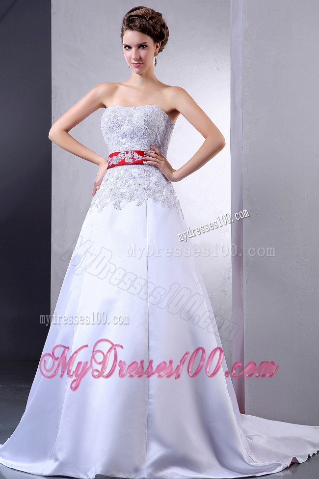 Pearl White and Red Strapless Wedding Dresses with Appliques and Sash