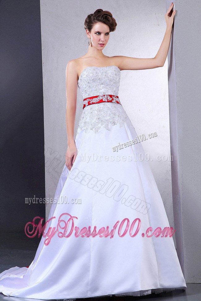 Pearl White and Red Strapless Wedding Dresses with Appliques and Sash