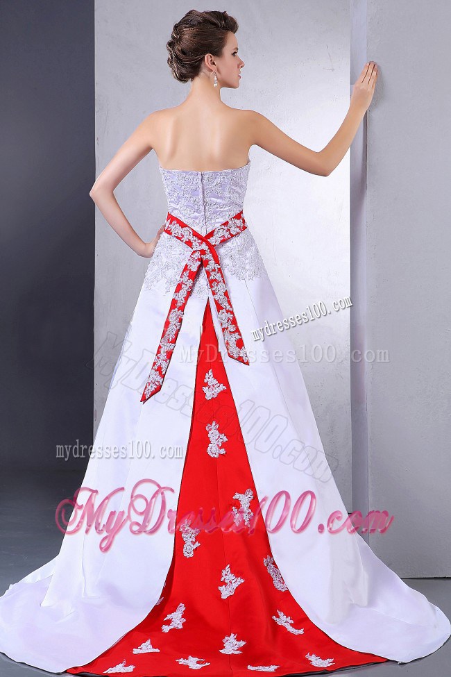 Pearl White and Red Strapless Wedding Dresses with Appliques and Sash