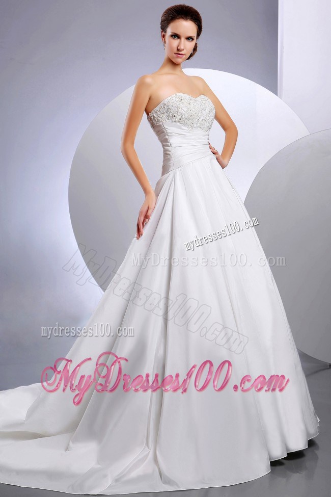 Appliqued and Ruched Wedding Dresses with Chapel Train and Lace-up