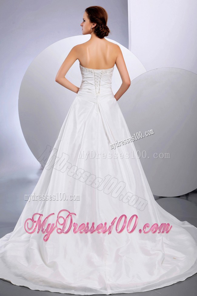 Appliqued and Ruched Wedding Dresses with Chapel Train and Lace-up