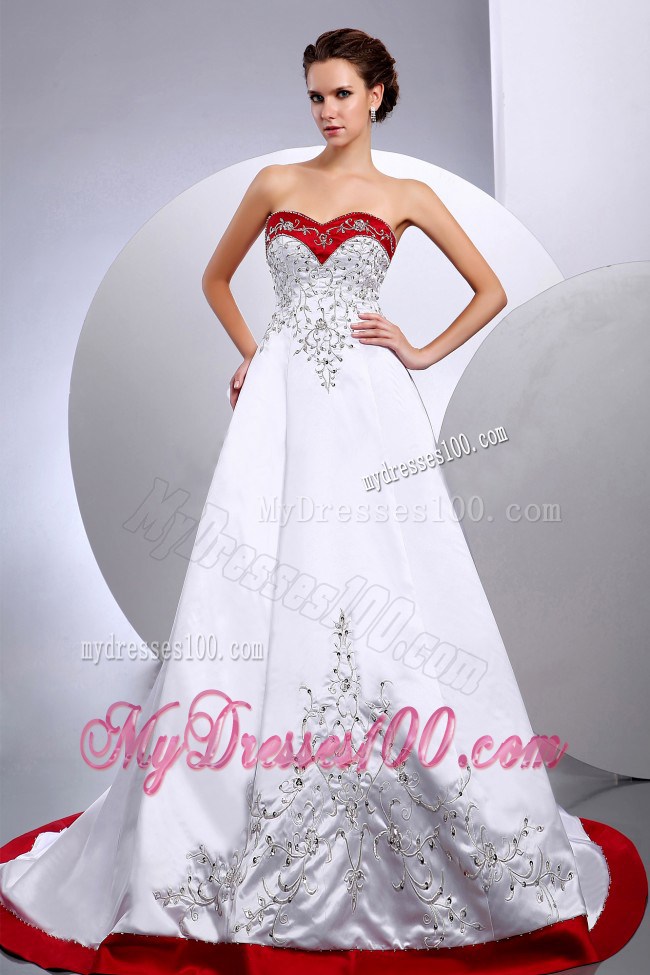 White Beaded Embroidery Brush Train Wedding Dress with Red Hemline