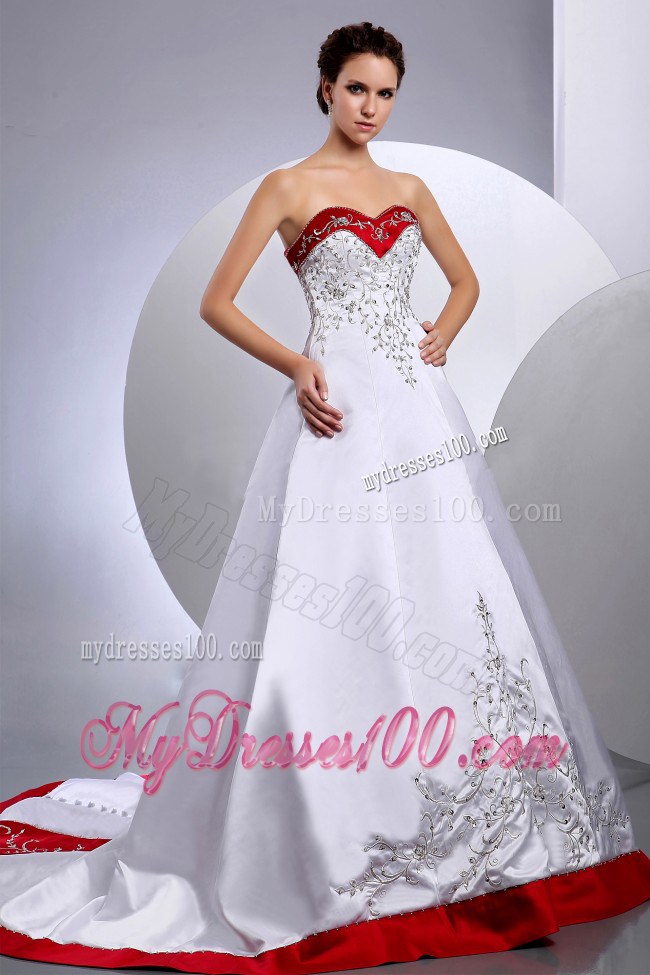 White Beaded Embroidery Brush Train Wedding Dress with Red Hemline