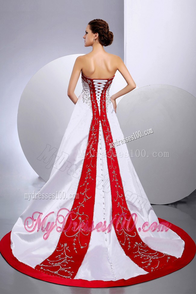 White Beaded Embroidery Brush Train Wedding Dress with Red Hemline