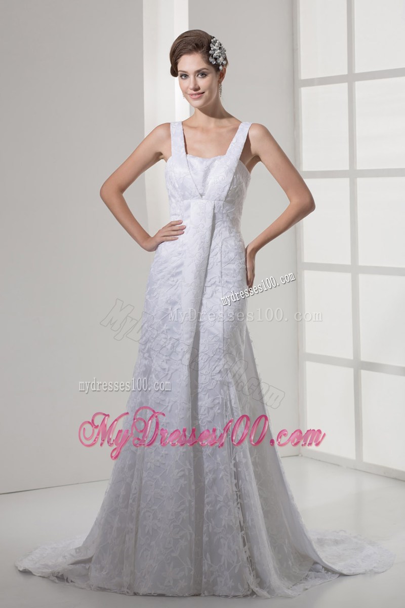 Lace A-line Wedding Dresses with Square Neckline and Court Train