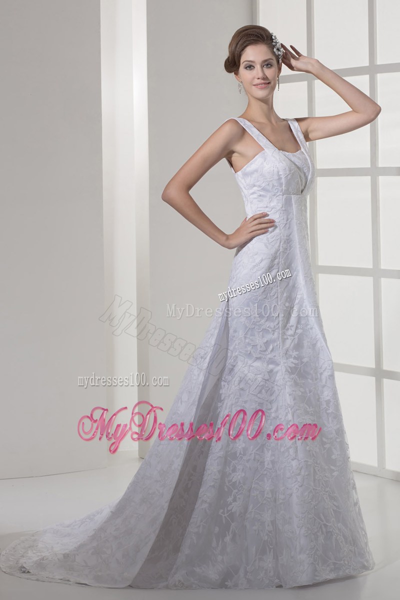 Lace A-line Wedding Dresses with Square Neckline and Court Train
