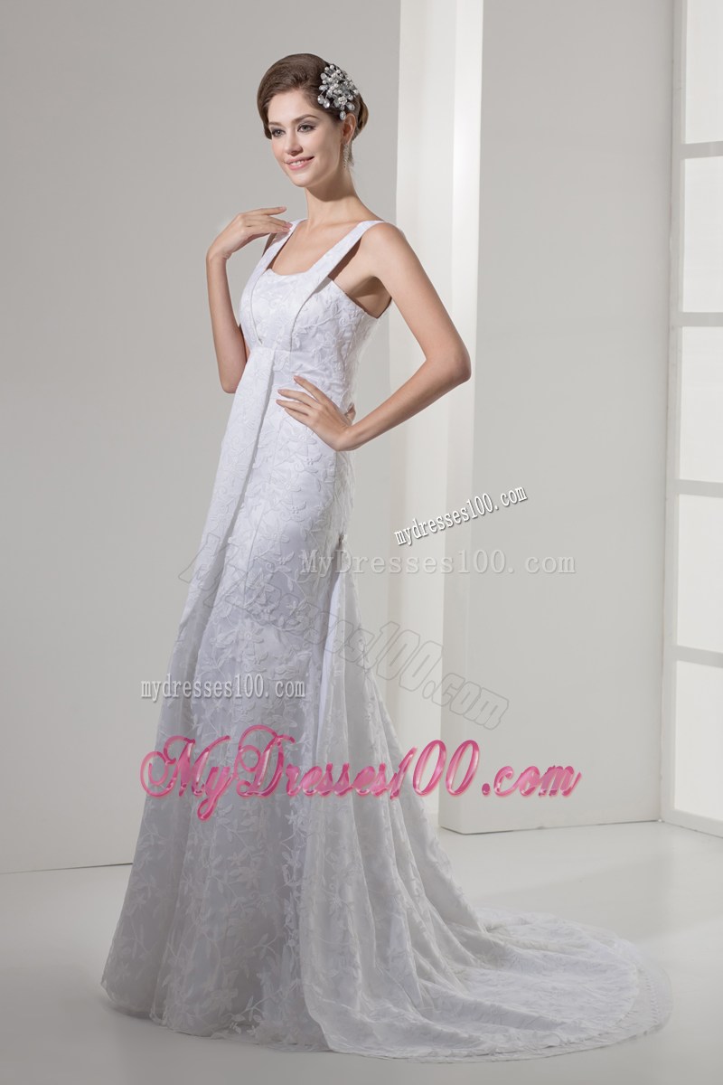 Lace A-line Wedding Dresses with Square Neckline and Court Train