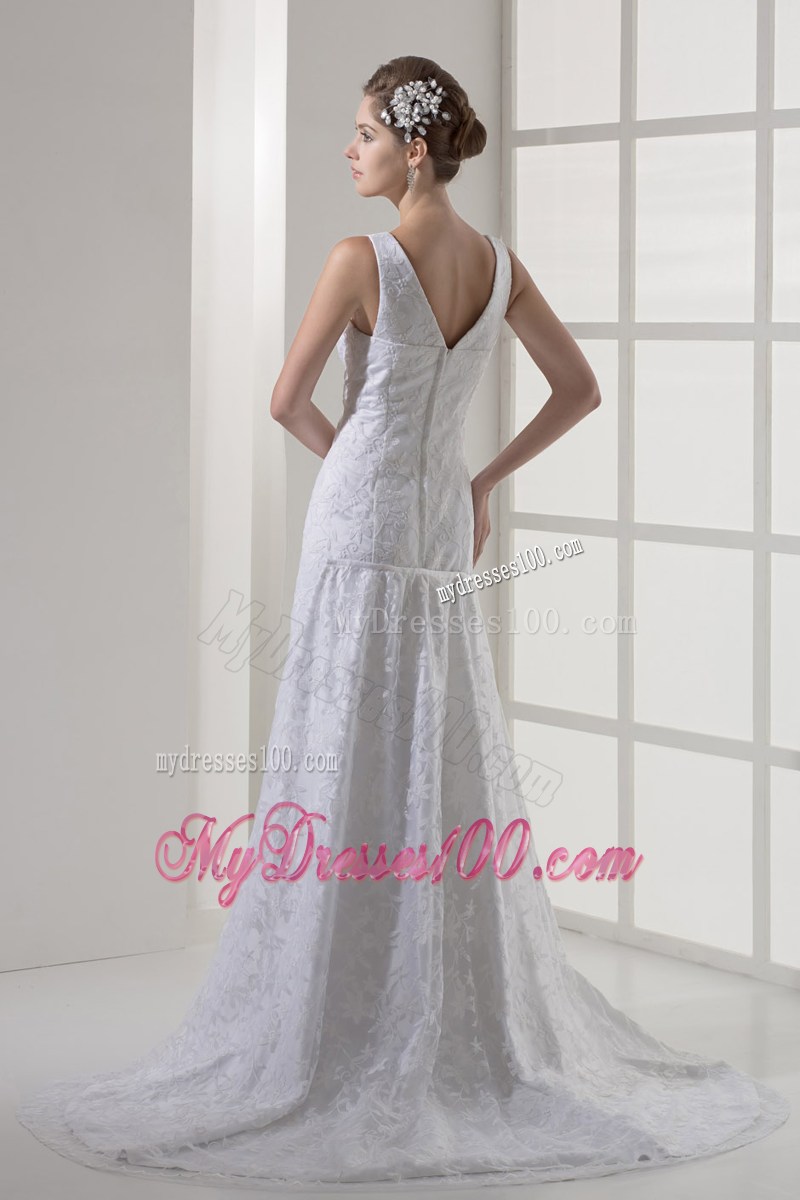 Lace A-line Wedding Dresses with Square Neckline and Court Train