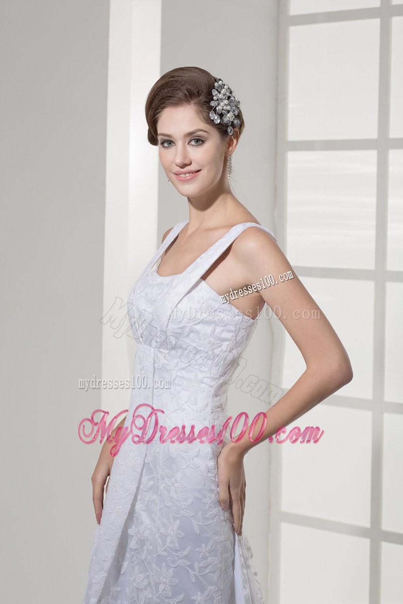 Lace A-line Wedding Dresses with Square Neckline and Court Train