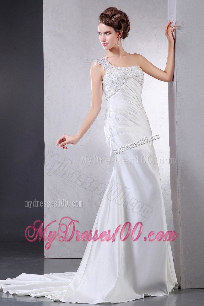 Appliqued One Shoulder Court Train Wedding Dress with Ruches 2013