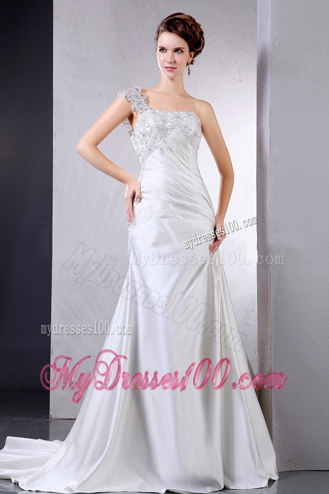 Appliqued One Shoulder Court Train Wedding Dress with Ruches 2013