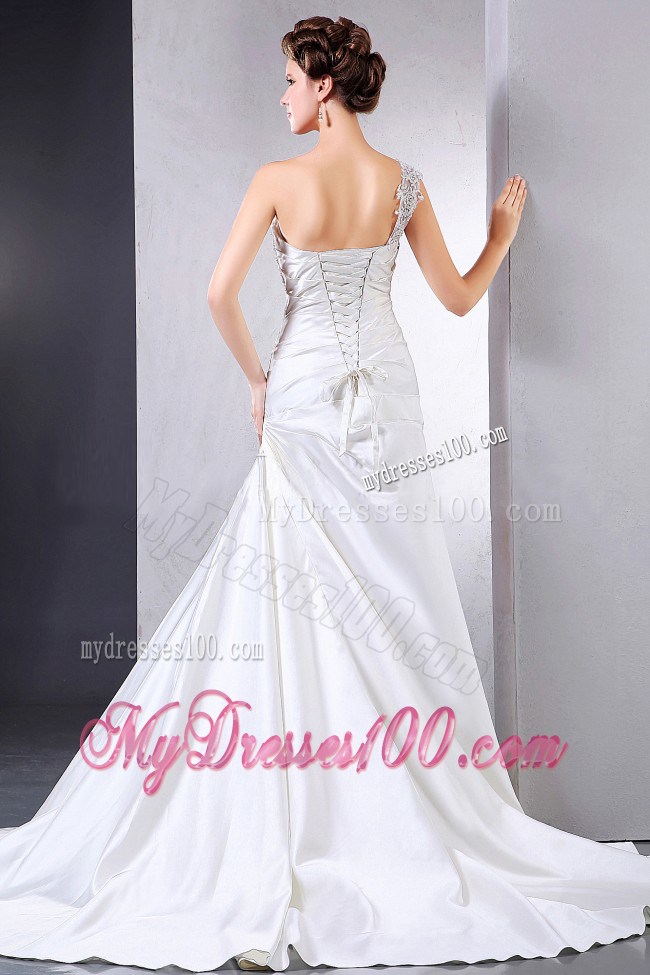 Appliqued One Shoulder Court Train Wedding Dress with Ruches 2013