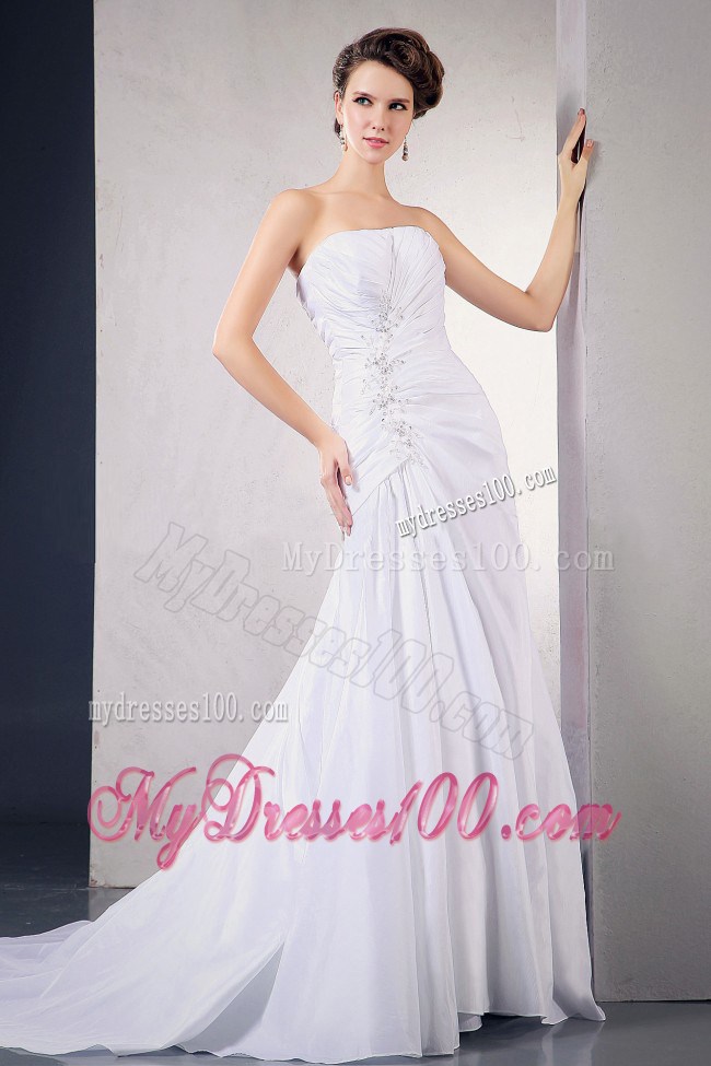 Beaded Appliques and Ruches Accent on A-line Court Train Wedding Gown