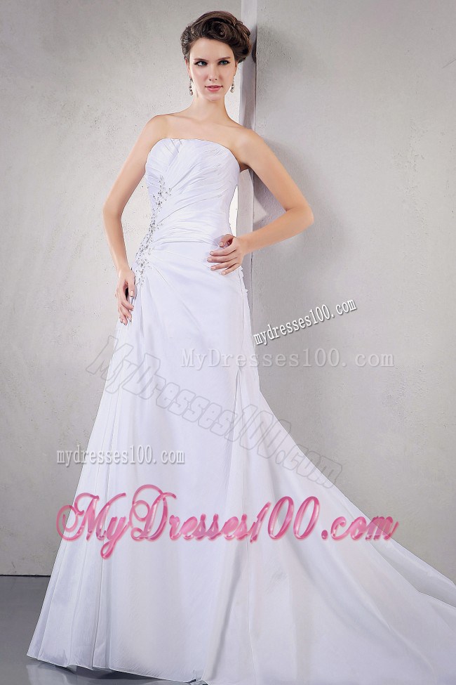 Beaded Appliques and Ruches Accent on A-line Court Train Wedding Gown