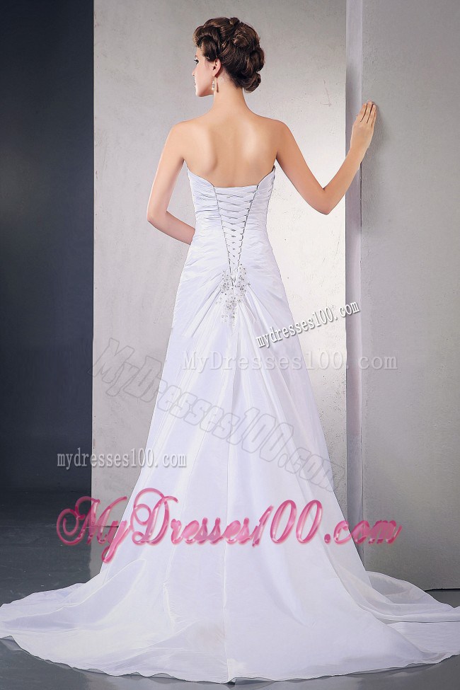Beaded Appliques and Ruches Accent on A-line Court Train Wedding Gown