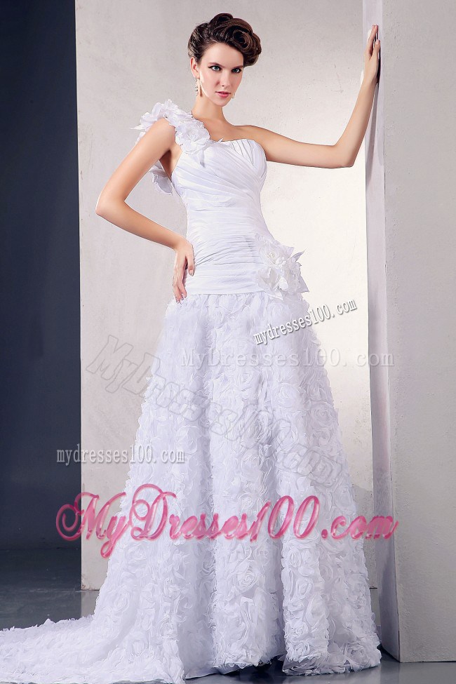 One Shoulder Court Train Sleeveless Wedding Gown with Rolling Flowers