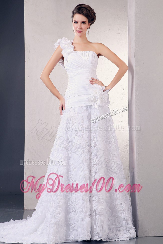 One Shoulder Court Train Sleeveless Wedding Gown with Rolling Flowers