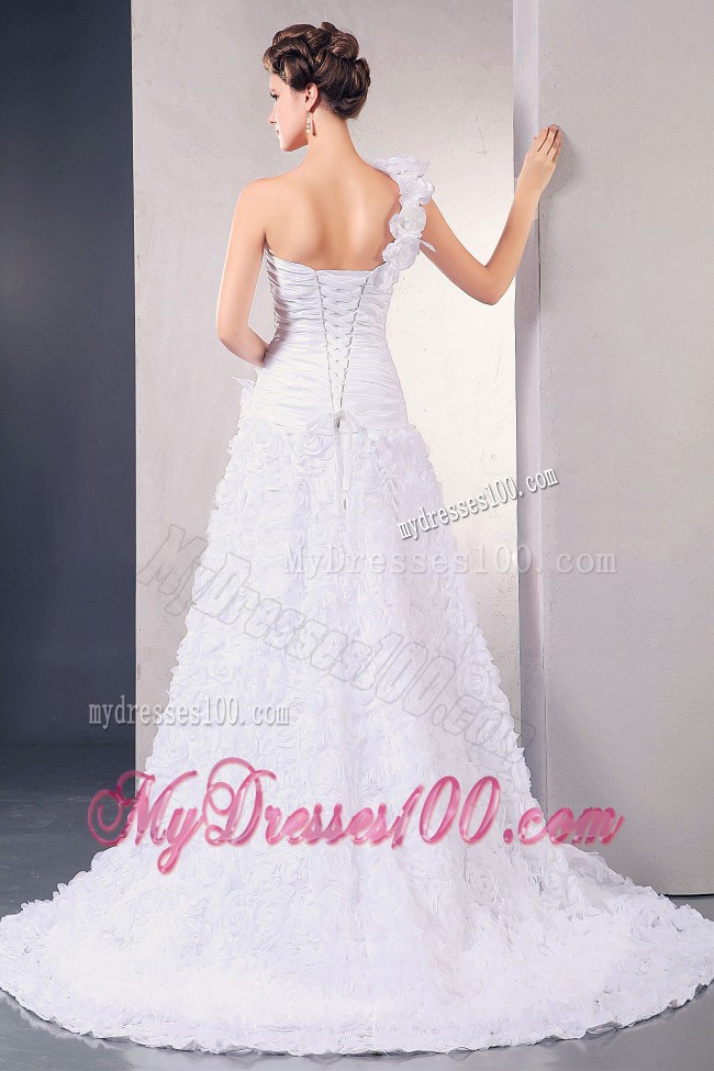 One Shoulder Court Train Sleeveless Wedding Gown with Rolling Flowers