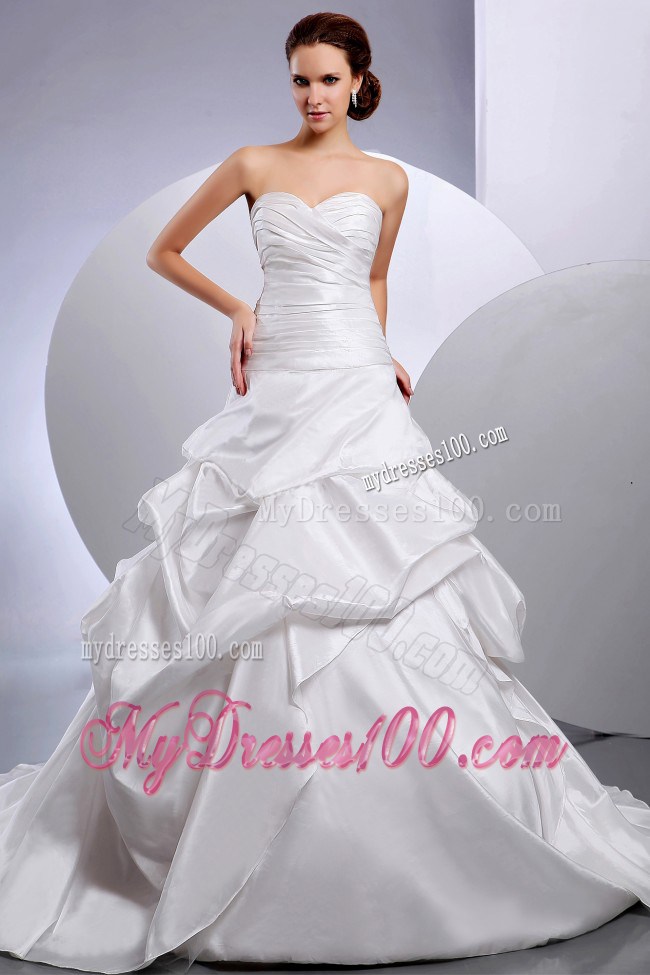 Taffeta Princess Chapel Train Wedding Gown with Ruches and Pick-ups