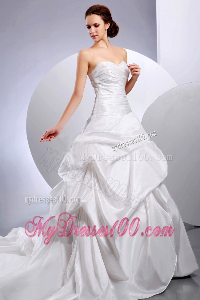 Taffeta Princess Chapel Train Wedding Gown with Ruches and Pick-ups