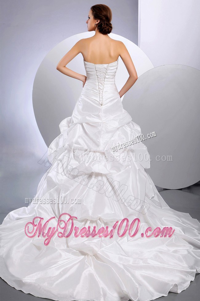 Taffeta Princess Chapel Train Wedding Gown with Ruches and Pick-ups