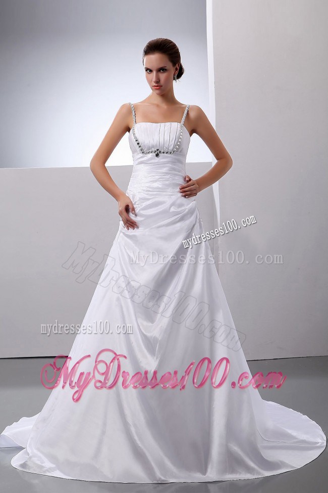 Spaghetti Straps Ruched Wedding Dress with Diamonds and Brush Train