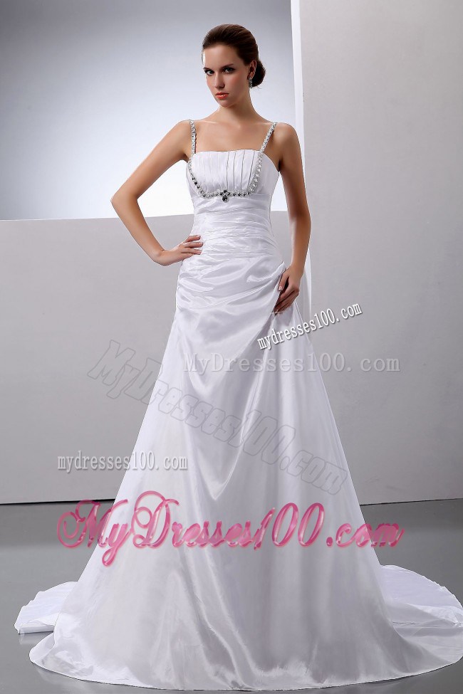 Spaghetti Straps Ruched Wedding Dress with Diamonds and Brush Train
