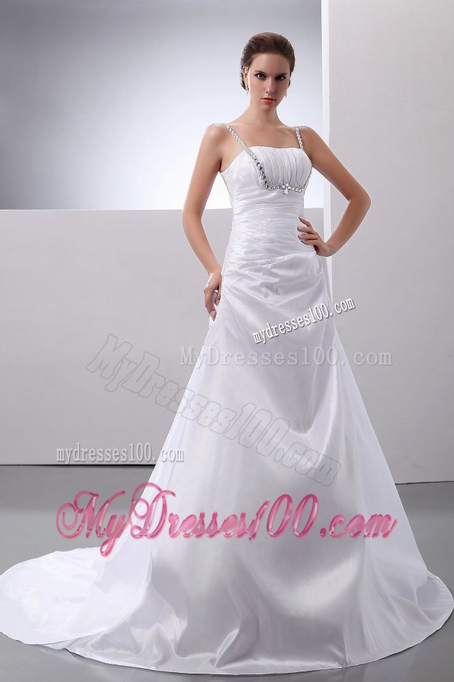 Spaghetti Straps Ruched Wedding Dress with Diamonds and Brush Train