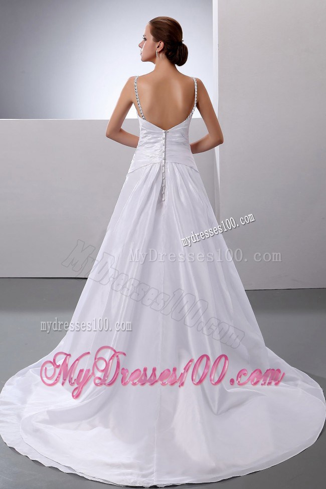 Spaghetti Straps Ruched Wedding Dress with Diamonds and Brush Train