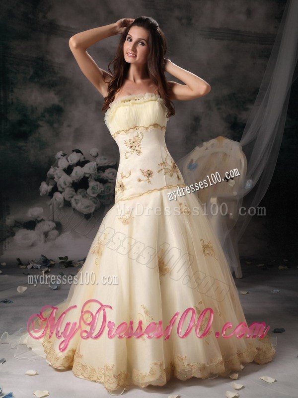 Unique Lace Hem Champagne Dress for Wedding with Appliques Ruche