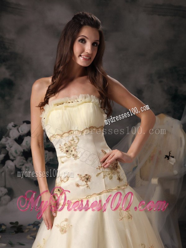 Unique Lace Hem Champagne Dress for Wedding with Appliques Ruche
