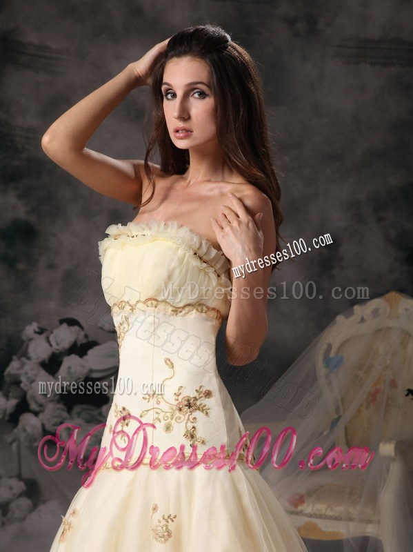Unique Lace Hem Champagne Dress for Wedding with Appliques Ruche