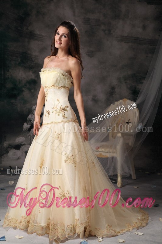 Unique Lace Hem Champagne Dress for Wedding with Appliques Ruche