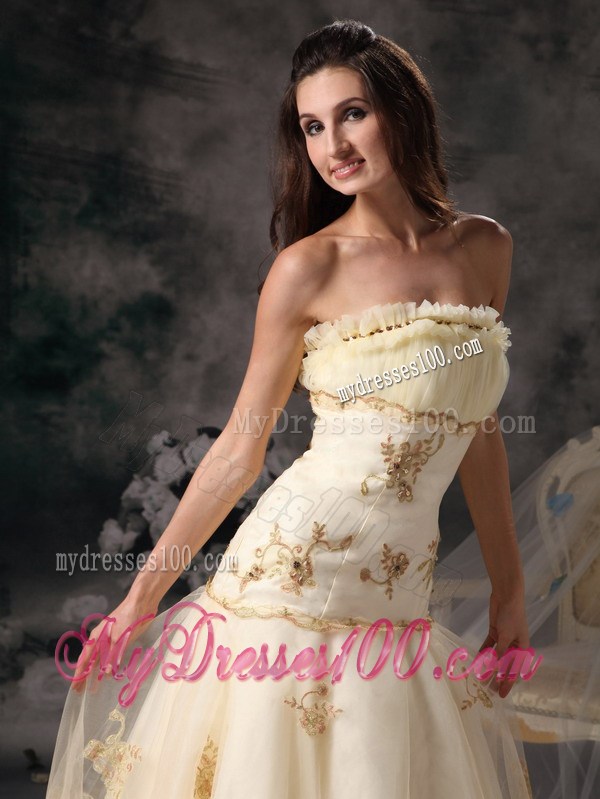Unique Lace Hem Champagne Dress for Wedding with Appliques Ruche