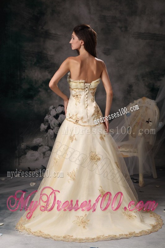 Unique Lace Hem Champagne Dress for Wedding with Appliques Ruche