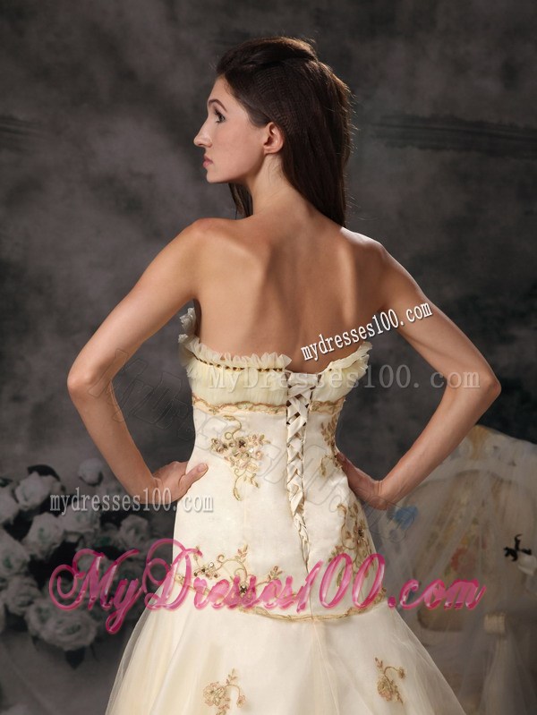 Unique Lace Hem Champagne Dress for Wedding with Appliques Ruche