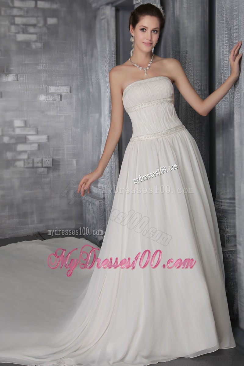 Simple Style Beaded Cathedral Train White Wedding Gown with Ruffles
