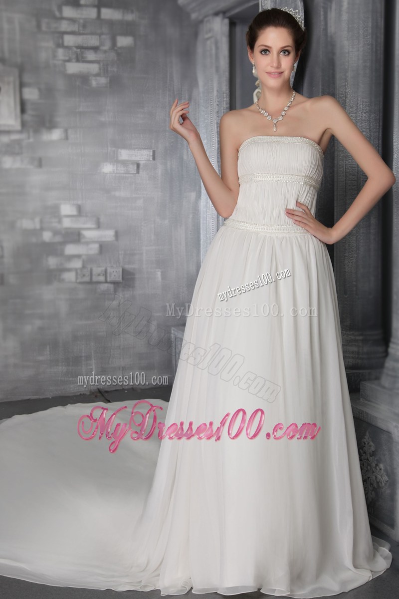 Simple Style Beaded Cathedral Train White Wedding Gown with Ruffles