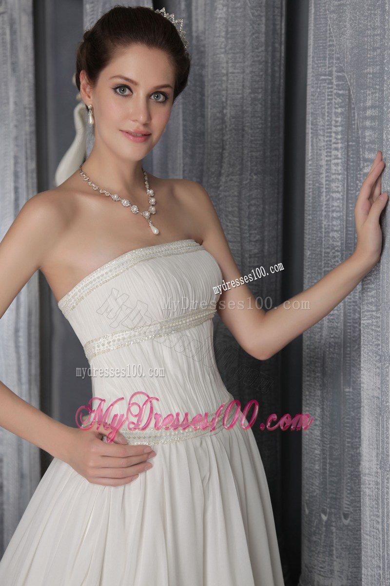 Simple Style Beaded Cathedral Train White Wedding Gown with Ruffles