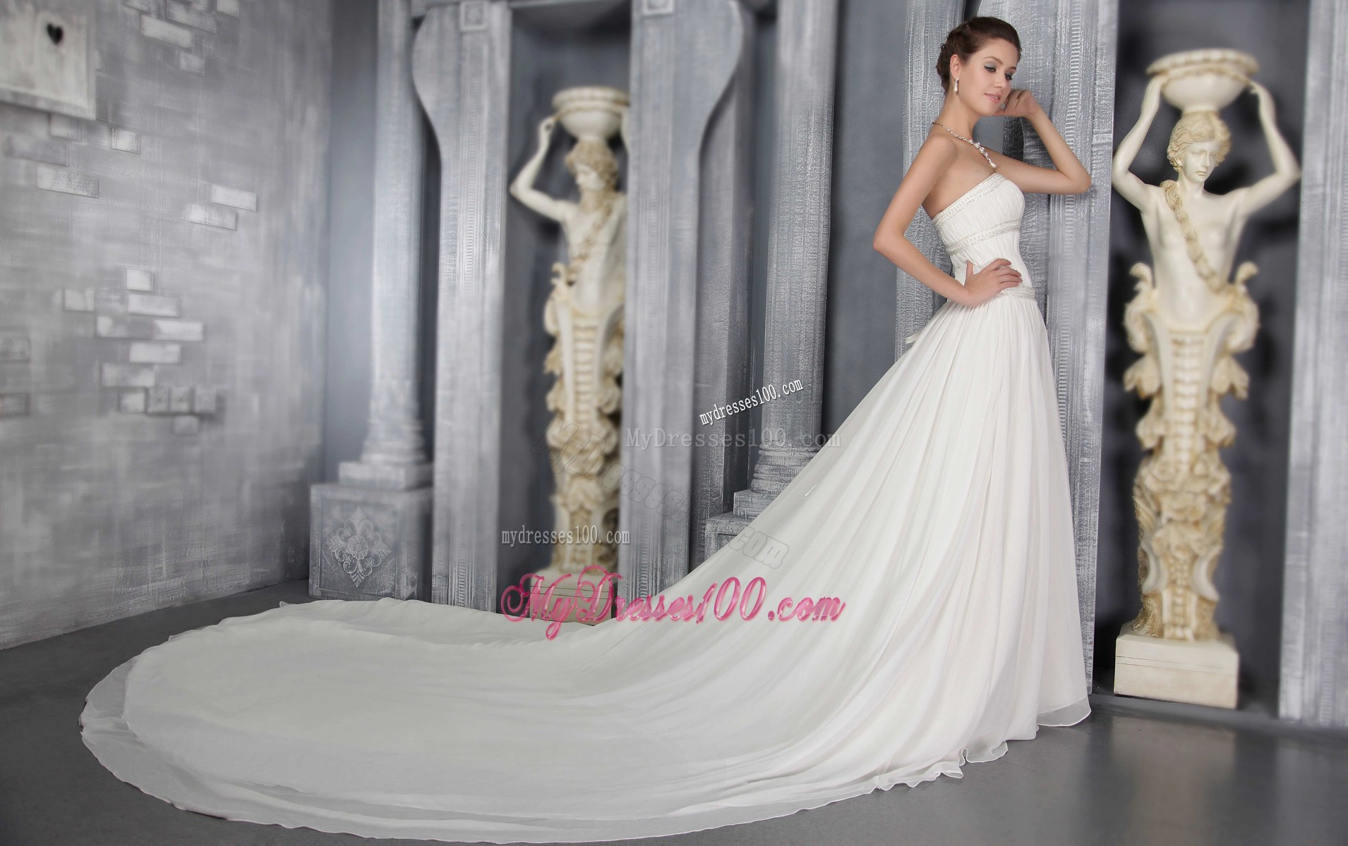 Simple Style Beaded Cathedral Train White Wedding Gown with Ruffles