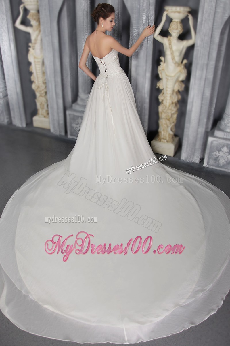 Simple Style Beaded Cathedral Train White Wedding Gown with Ruffles